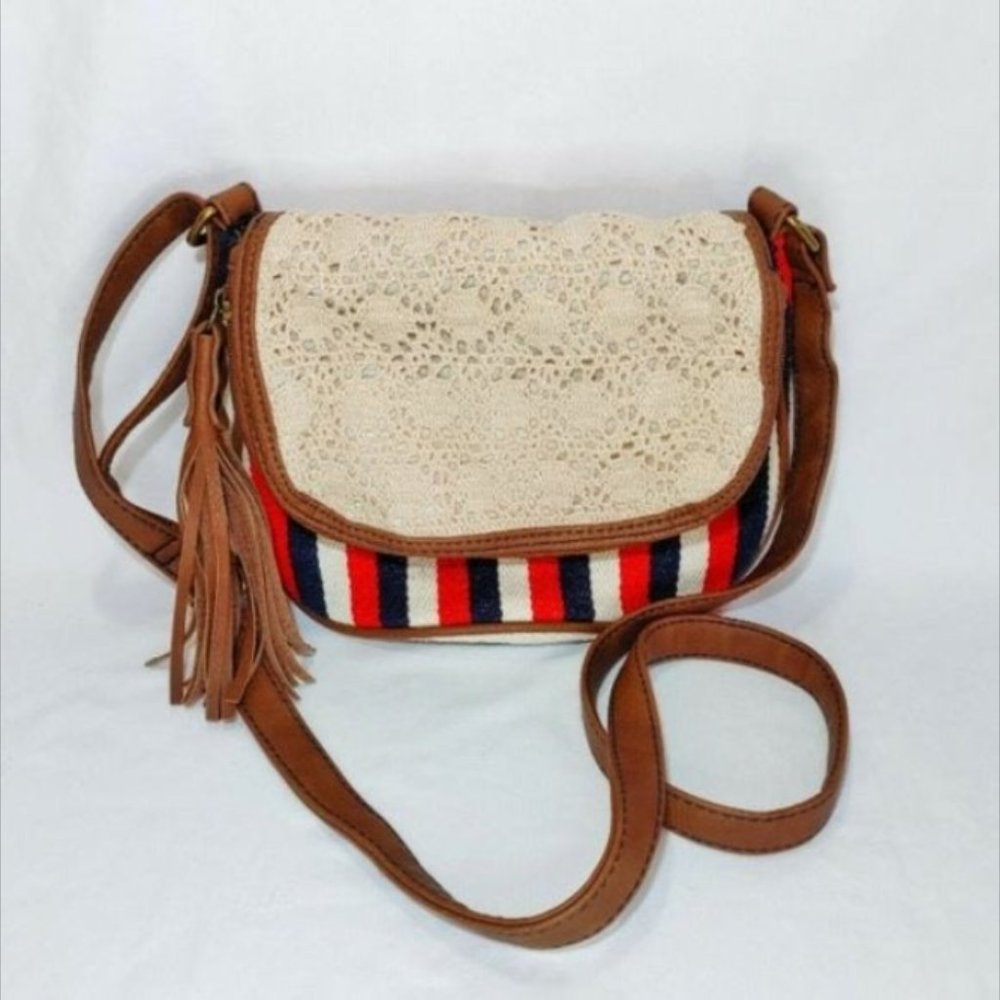 American Eagle Tassel & Cotton Lace Crossbody Bag | Red Ivory Blue Brown
